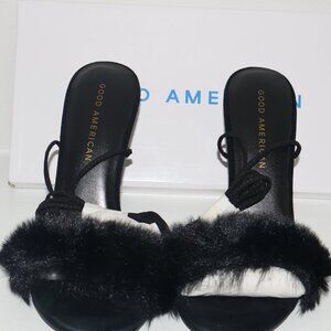 Good American Fluff Wrap Heeled Sandals Black Faux Fur Stiletto 4in Size 7